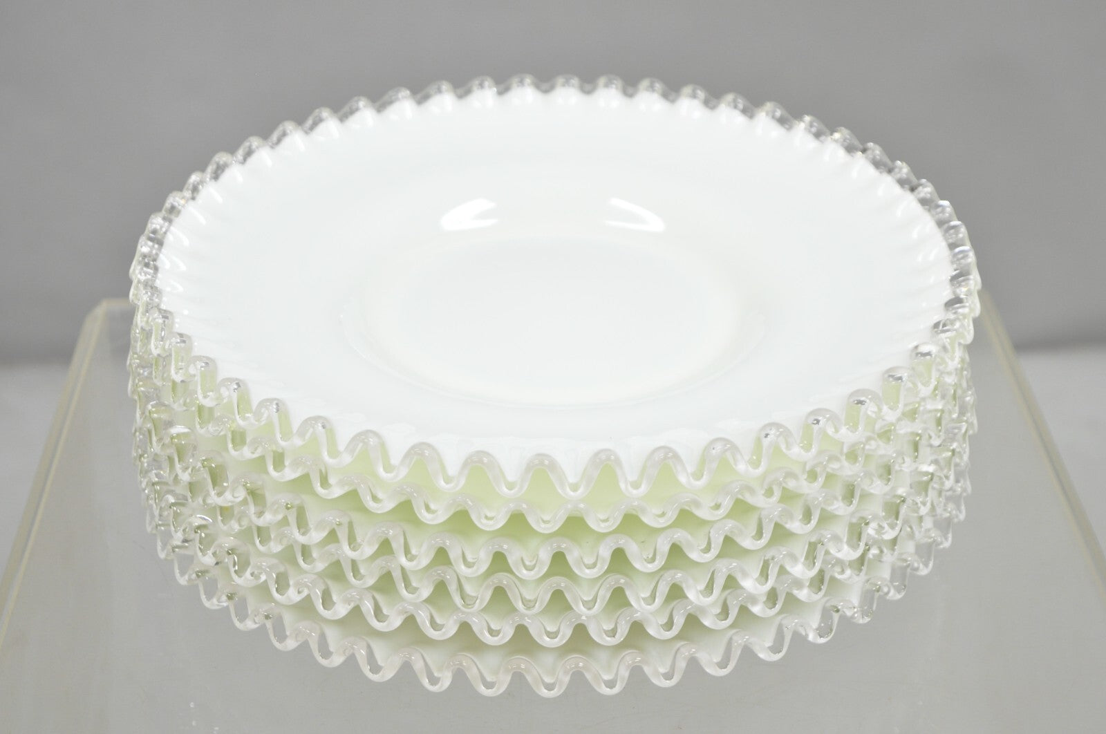 Vintage Fenton Silver Crest 12" Milk Glass Ruffled Edge Plate Platter - Set of 6