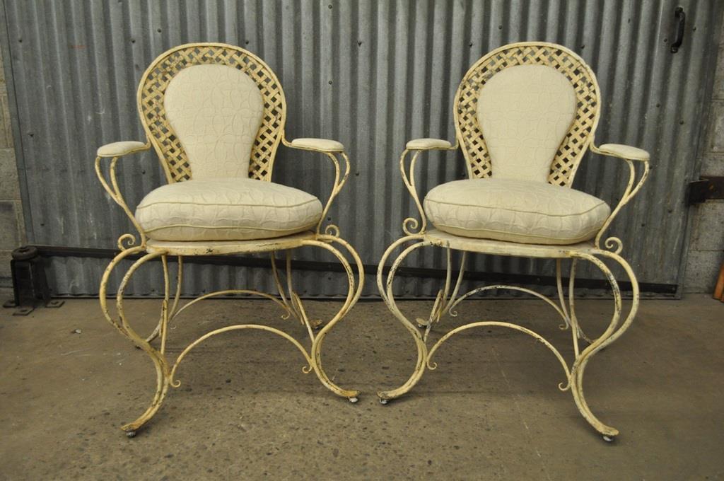 Pair Vintage Hollywood Regency Lattice Wrought Iron Patio Lounge Arm Chairs B