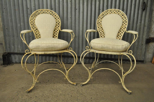 Pair Vintage Hollywood Regency Lattice Wrought Iron Patio Lounge Arm Chairs B