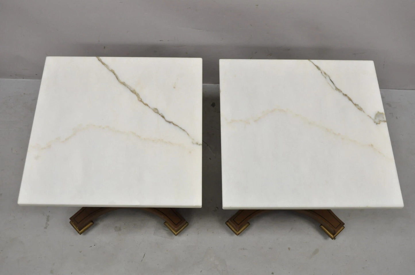 Vintage Empire Style Low Marble Top Pedestal Base Side Tables by Imperial - Pair