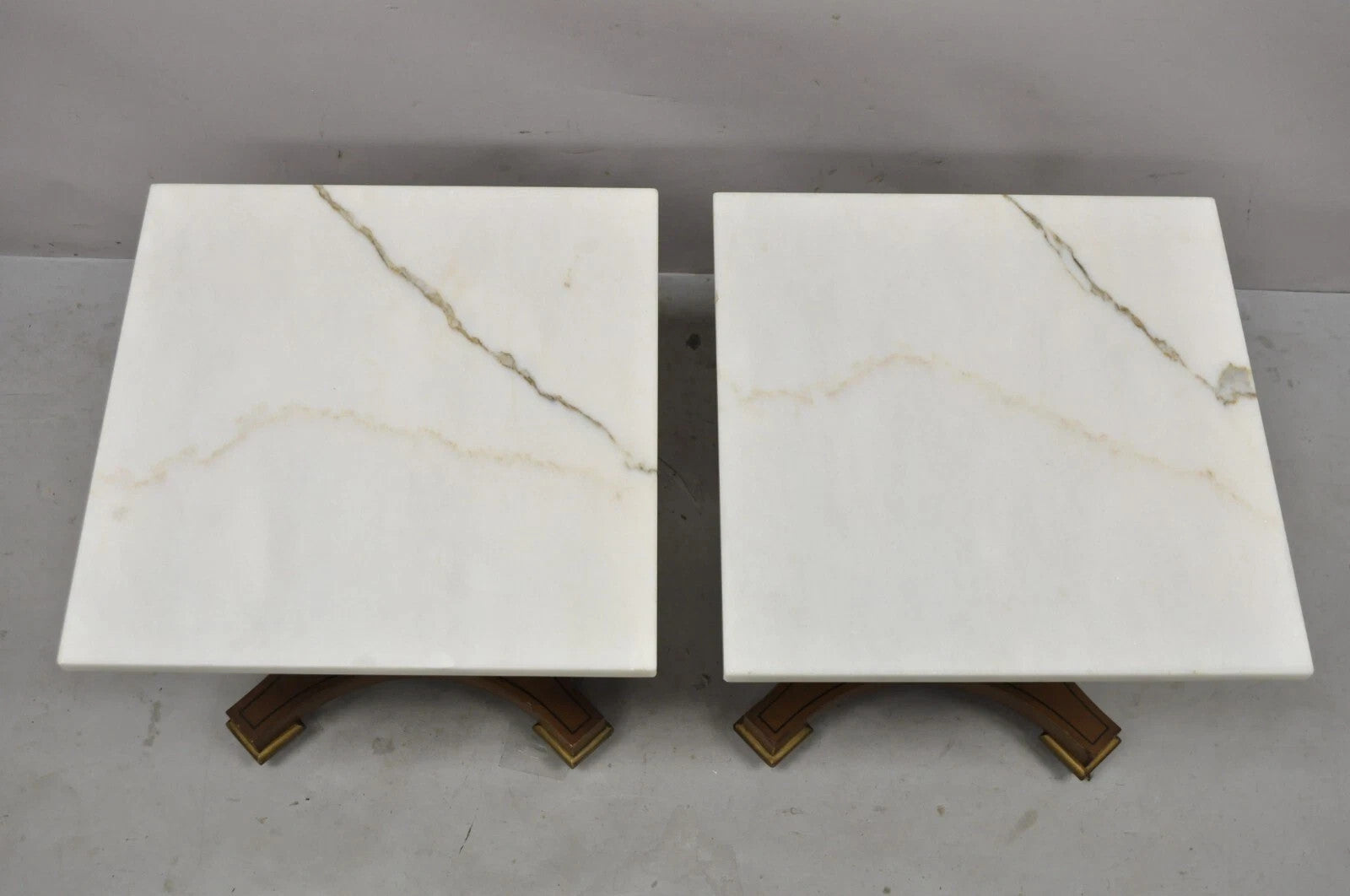 Vintage Empire Style Low Marble Top Pedestal Base Side Tables by Imperial - Pair