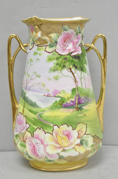 Antique Nippon Hand Painted Porcelain Twin Handle Vase w /Flowers & Lake Scene