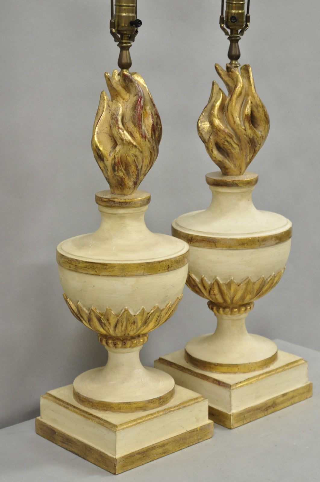 Vintage Italian Hollywood Regency Carved Wood "Burning Flame" Table Lamps - Pair