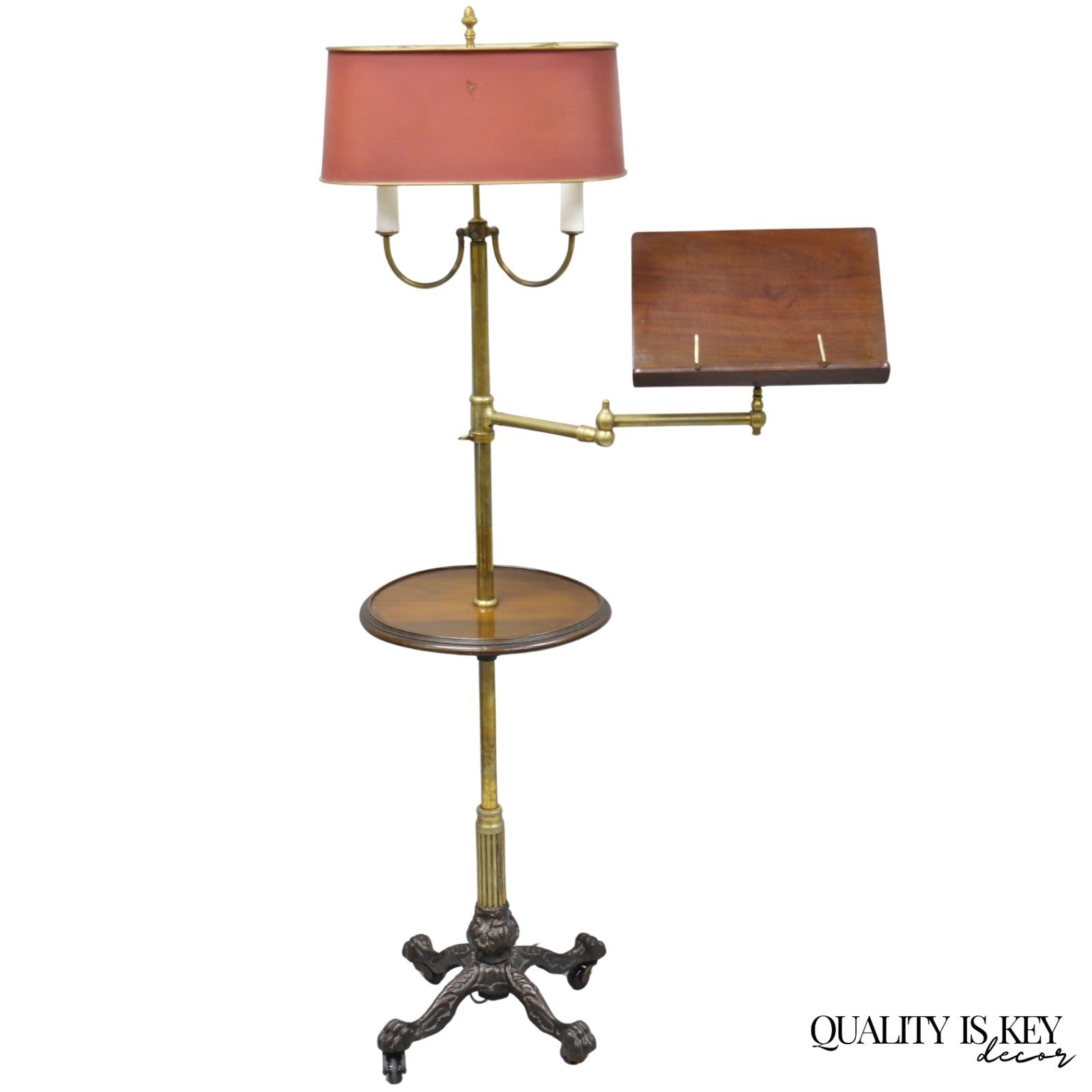 Antique English Victorian Cast Iron Paw Foot Walnut & Brass Lectern Table w Lamp
