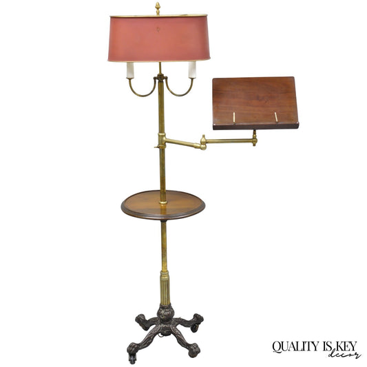 Antique English Victorian Cast Iron Paw Foot Walnut & Brass Lectern Table w Lamp