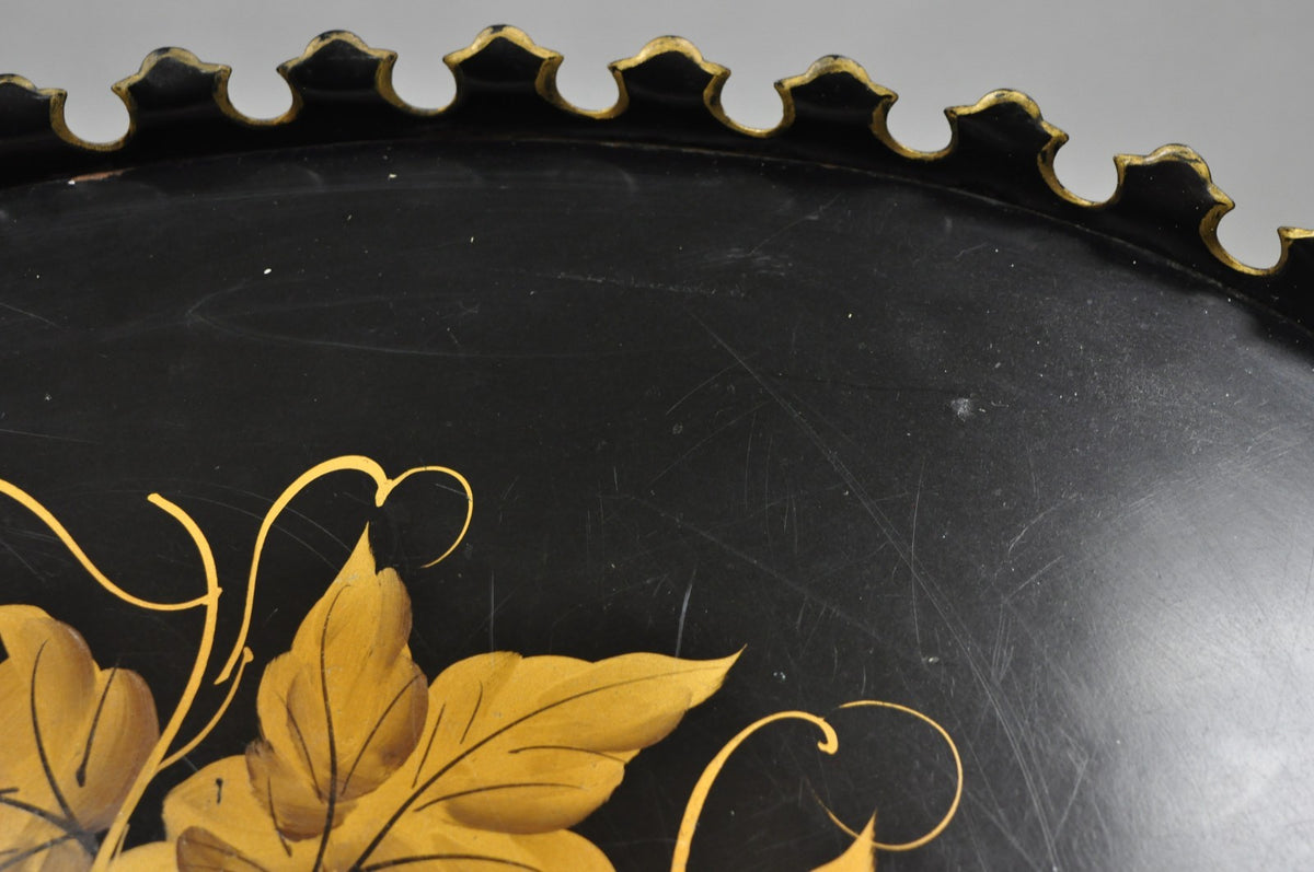 Vintage French Country Black and Gold Hand Painted Oval Toleware Serving Tray