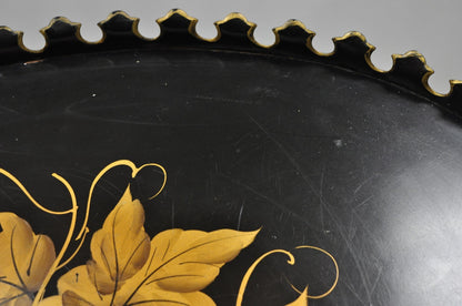Vintage French Country Black and Gold Hand Painted Oval Toleware Serving Tray