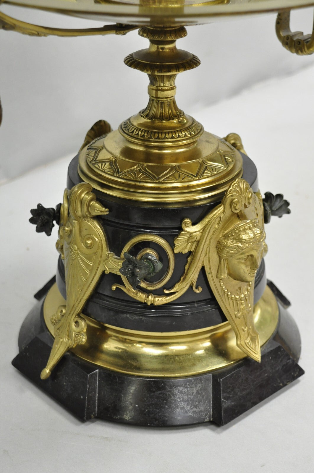 French Empire Figural Bronze and Marble Round Glass Tazza Low Side Tables - Pair