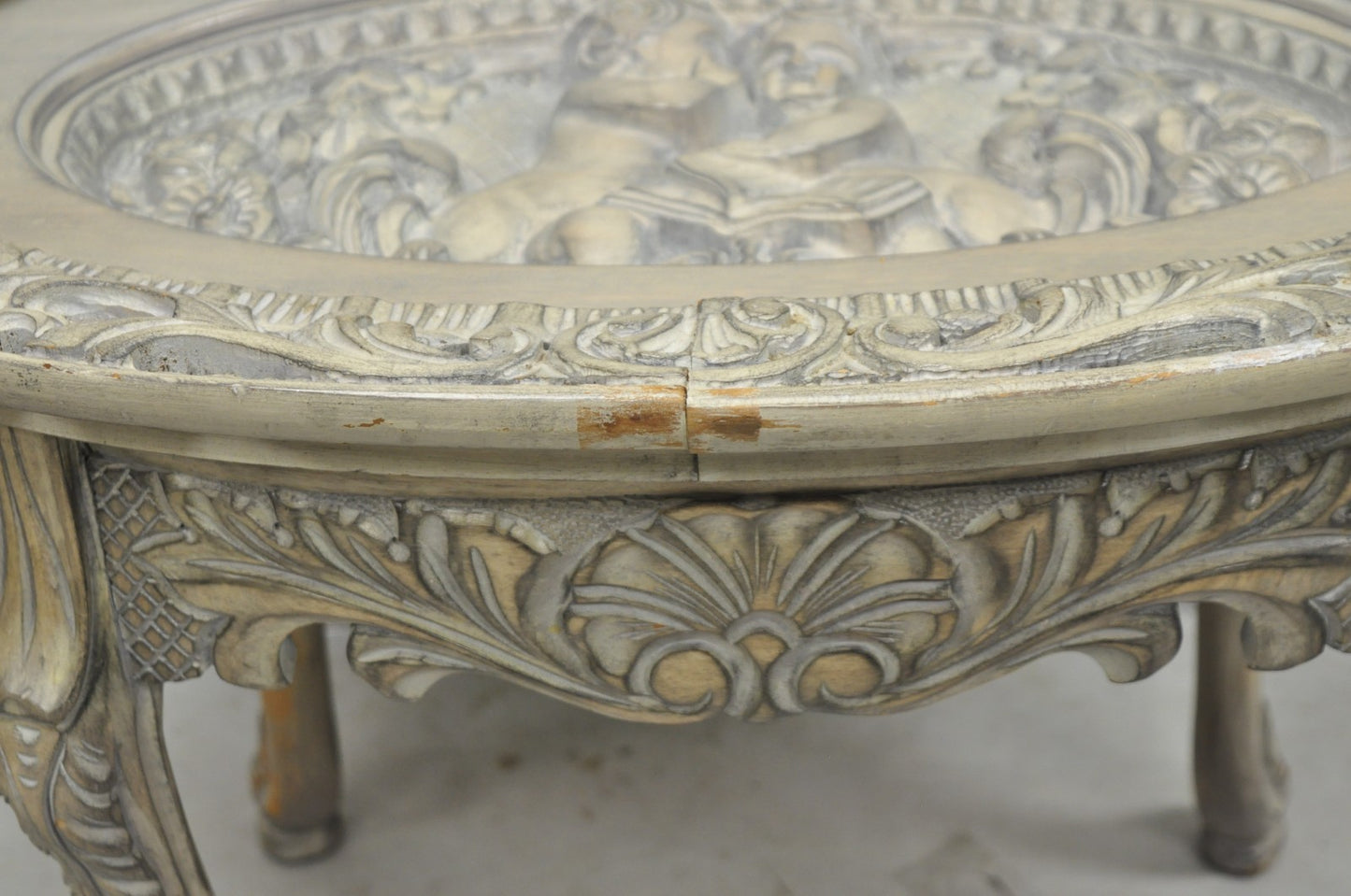 Vintage French Renaissance Walnut Gray Distress Painted Cherub Coffee Table