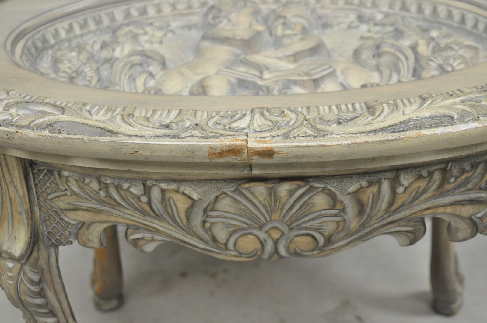Vintage French Renaissance Walnut Gray Distress Painted Cherub Coffee Table