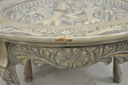 Vintage French Renaissance Walnut Gray Distress Painted Cherub Coffee Table