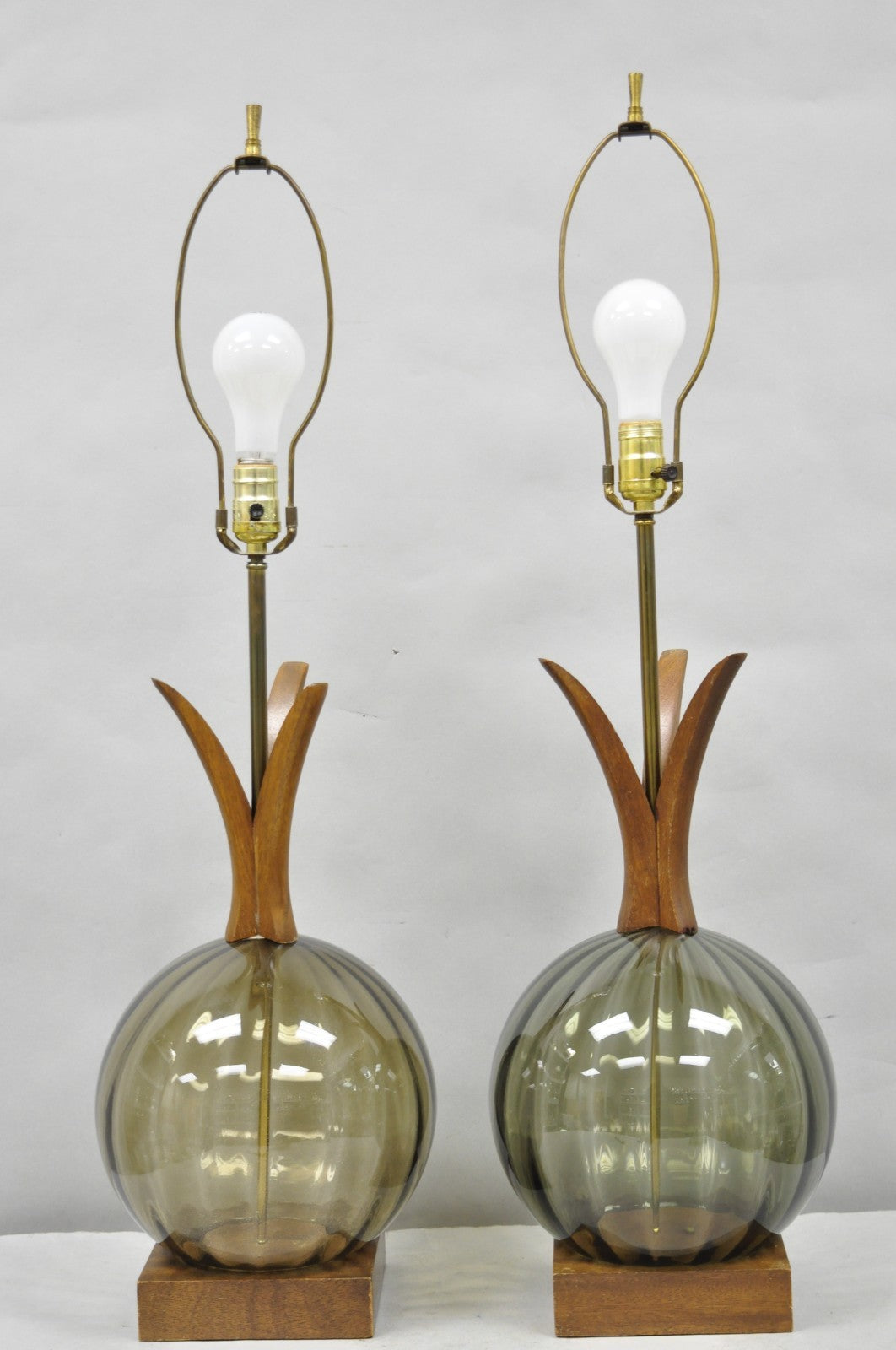 Vintage Mid Century Modern Ribbed Smoked Glass Orb Pineapple Table Lamps - Pair