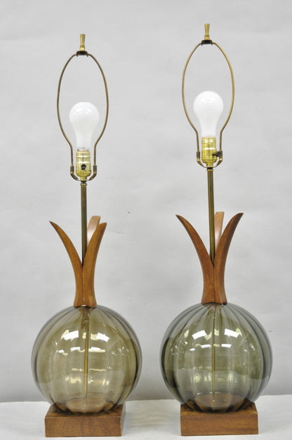 Vintage Mid Century Modern Ribbed Smoked Glass Orb Pineapple Table Lamps - Pair