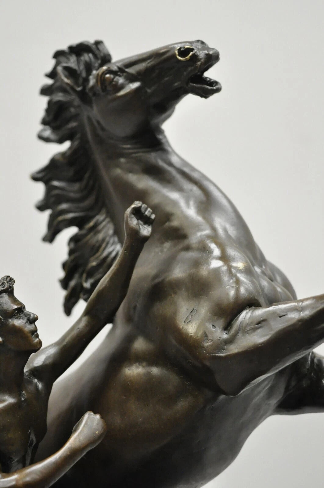 Vintage Bronze Marly Horse and Tamer Sculpture after Coustou on Marble Base Pair
