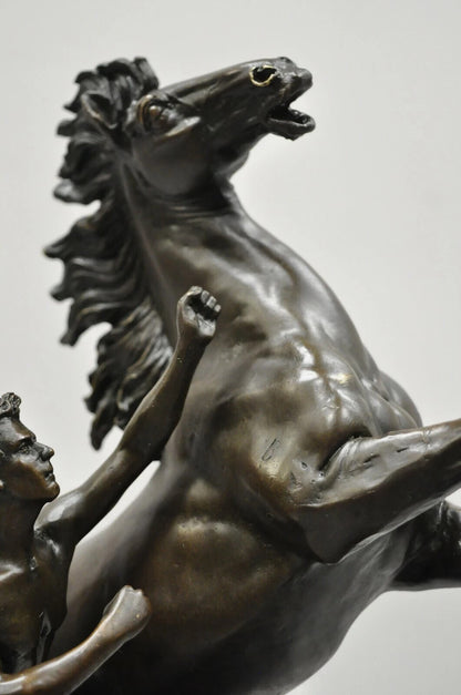 Vintage Bronze Marly Horse and Tamer Sculpture after Coustou on Marble Base Pair