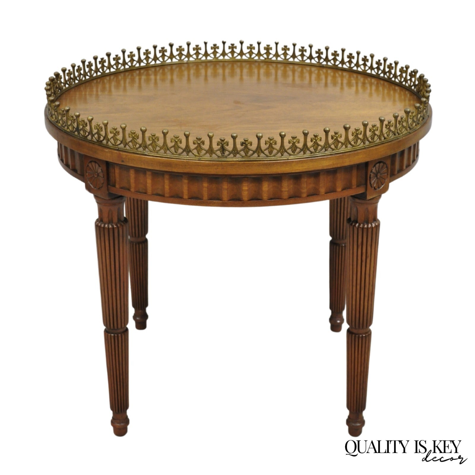 Vintage French Empire Mahogany 25" Round Coffee Table with Brass Gallery
