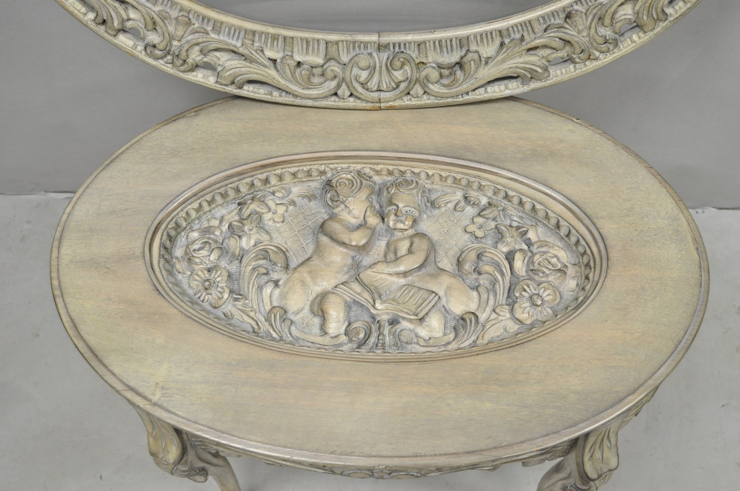 Vintage French Renaissance Walnut Gray Distress Painted Cherub Coffee Table