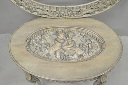 Vintage French Renaissance Walnut Gray Distress Painted Cherub Coffee Table
