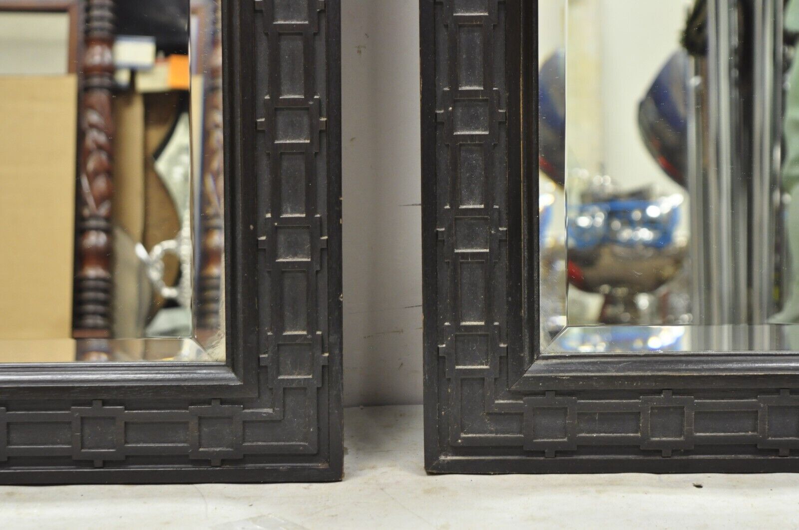 Vintage Chinoiserie Fretwork Solid Wood Frame Rectangular Wall Mirrors - a Pair