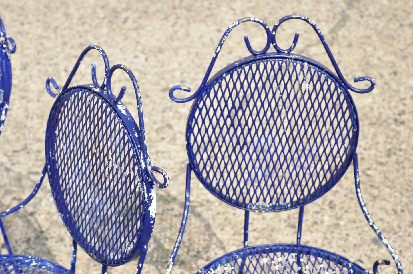 Vintage Victorian Blue Wrought Iron Small Garden Bistro Dining Chairs - Set of 4