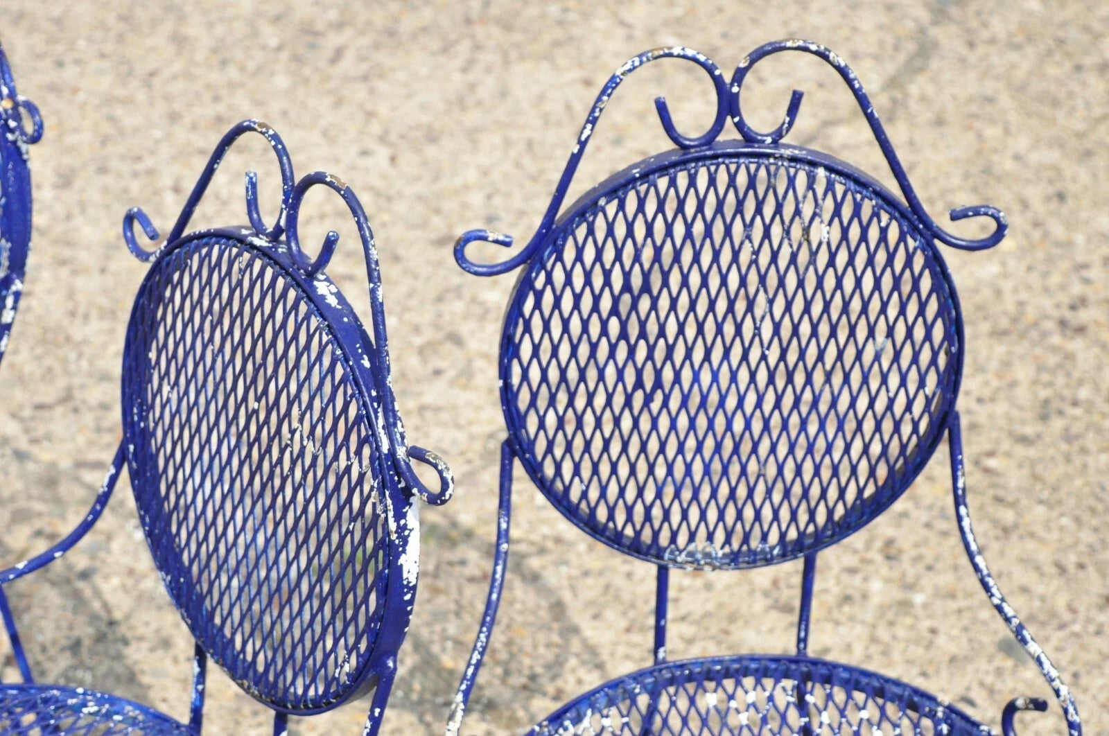 Vintage Victorian Blue Wrought Iron Small Garden Bistro Dining Chairs - Set of 4