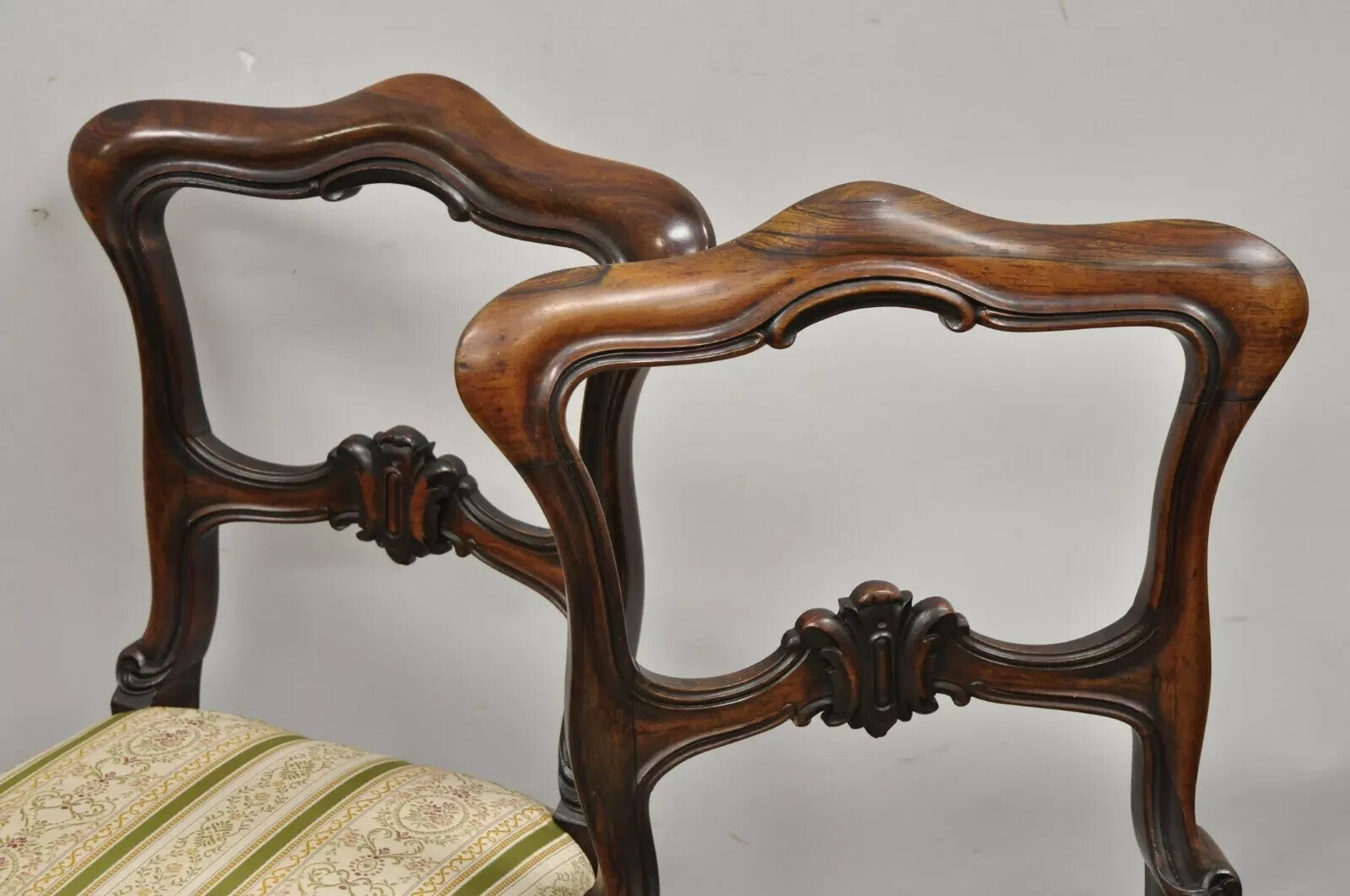 Antique English Victorian Carved Rosewood Parlor Dining Side Chairs - a Pair