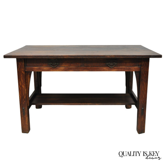 Antique Gustav Stickley Arts & Crafts Mission Oak Two Drawer Library Table Desk