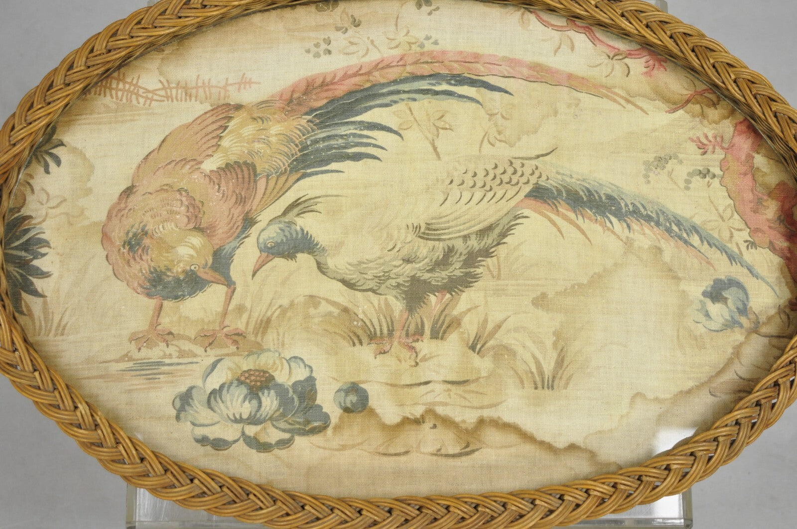 Antique French Victorian Wicker Pheasant Bird Tapestry Oval Bar Serving Tray