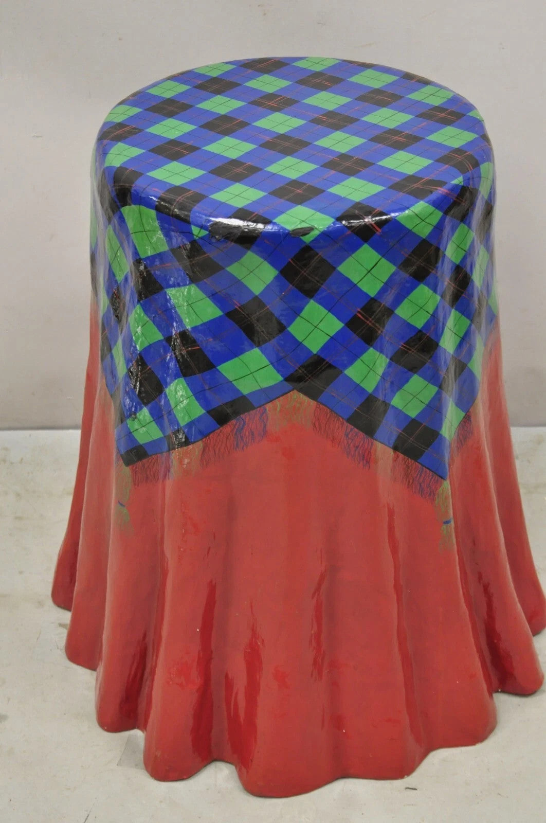 Vintage Paper Mache Red Blue Green Tartan Painted "Tablecloth" Drape Side Table