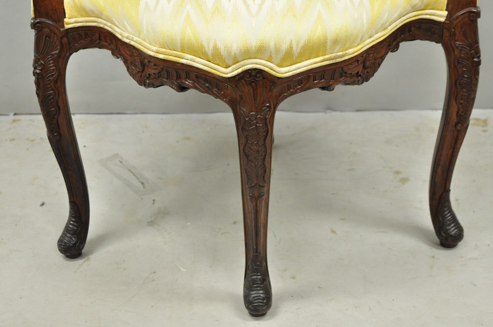 Antique French Louis XV Style Carved Walnut Yellow Fabric Boudoir Lounge Chair