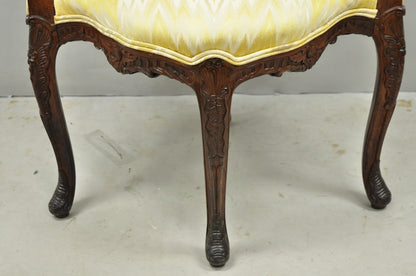 Antique French Louis XV Style Carved Walnut Yellow Fabric Boudoir Lounge Chair