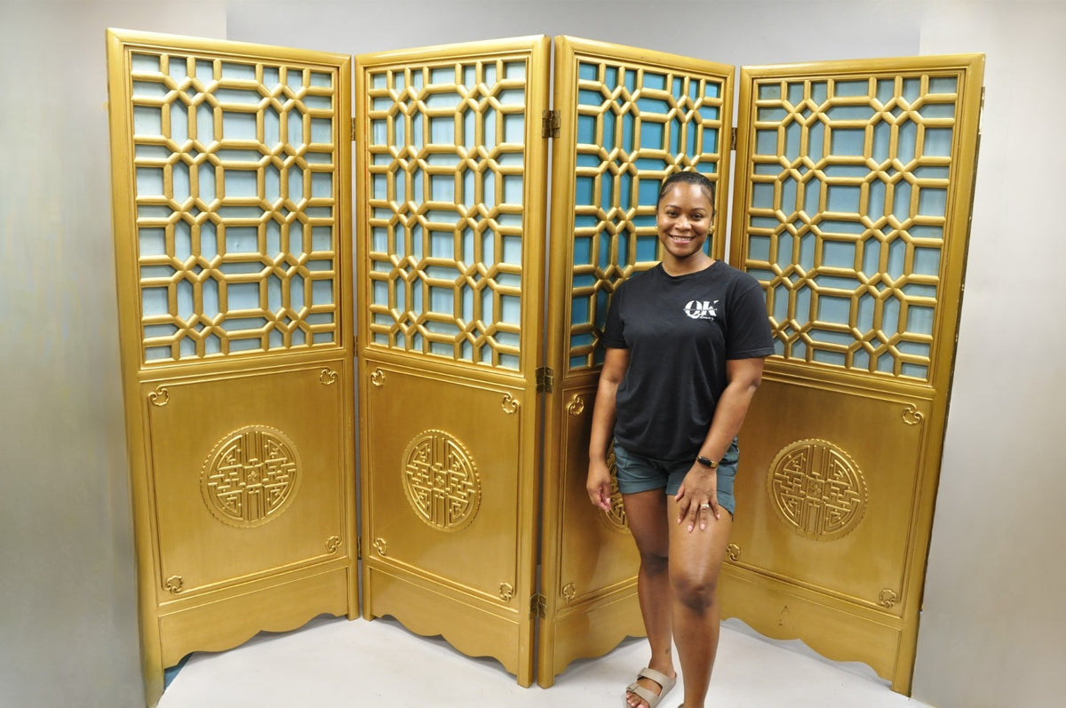 Vintage Chinoiserie Lattice Fretwork 4 Panel Gold Folding Screen Room Divider
