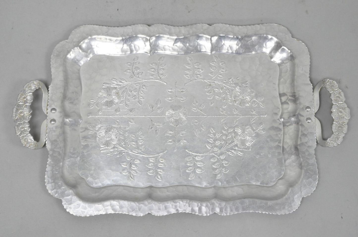 Vintage Victorian Continental Silver Co "Wild Rose" 1055 Hammered Aluminum Tray