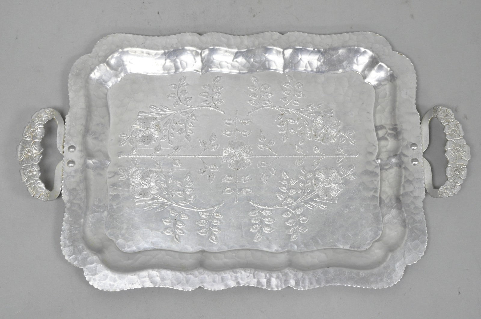 Vintage Victorian Continental Silver Co "Wild Rose" 1055 Hammered Aluminum Tray
