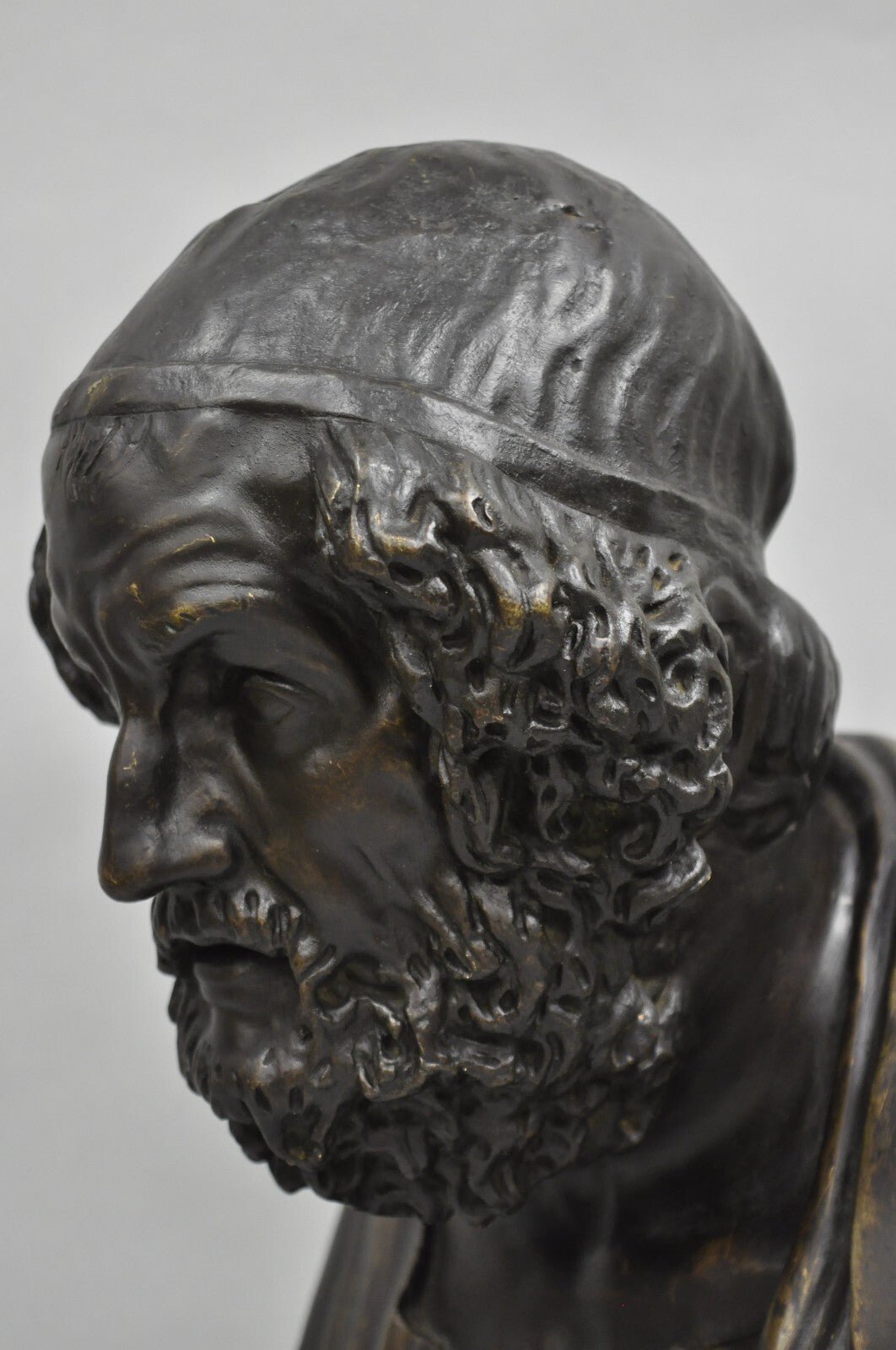 Vintage Greek Classical Style Patinated Cast Bronze Bust Sculpture of Homer