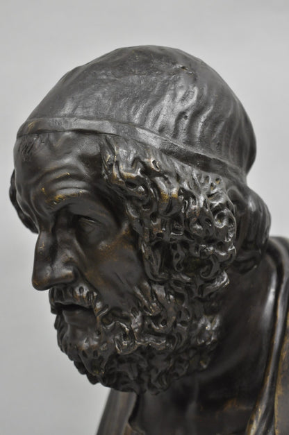 Vintage Greek Classical Style Patinated Cast Bronze Bust Sculpture of Homer