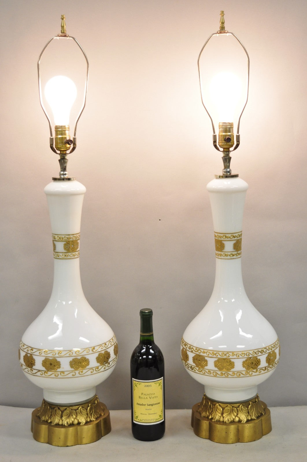 Vintage Hollywood Regency White Glass Gold Gilt Jardiniere Table Lamps - a Pair