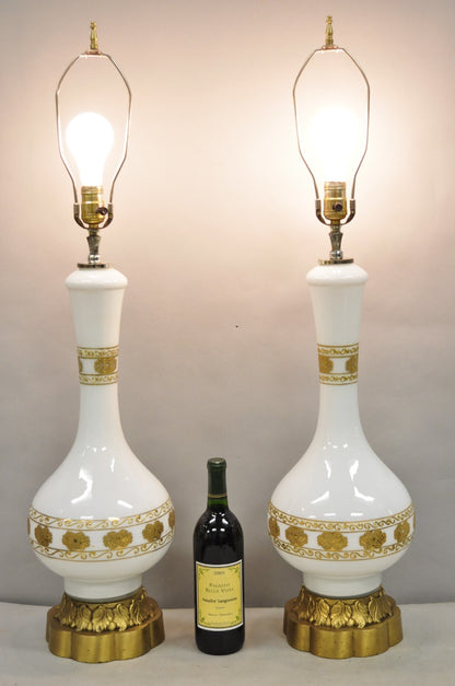 Vintage Hollywood Regency White Glass Gold Gilt Jardiniere Table Lamps - a Pair