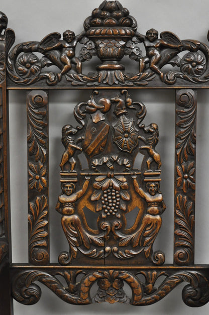 Antique Italian Renaissance Carved Walnut Throne Arm Chair w/ Winged Cherubs