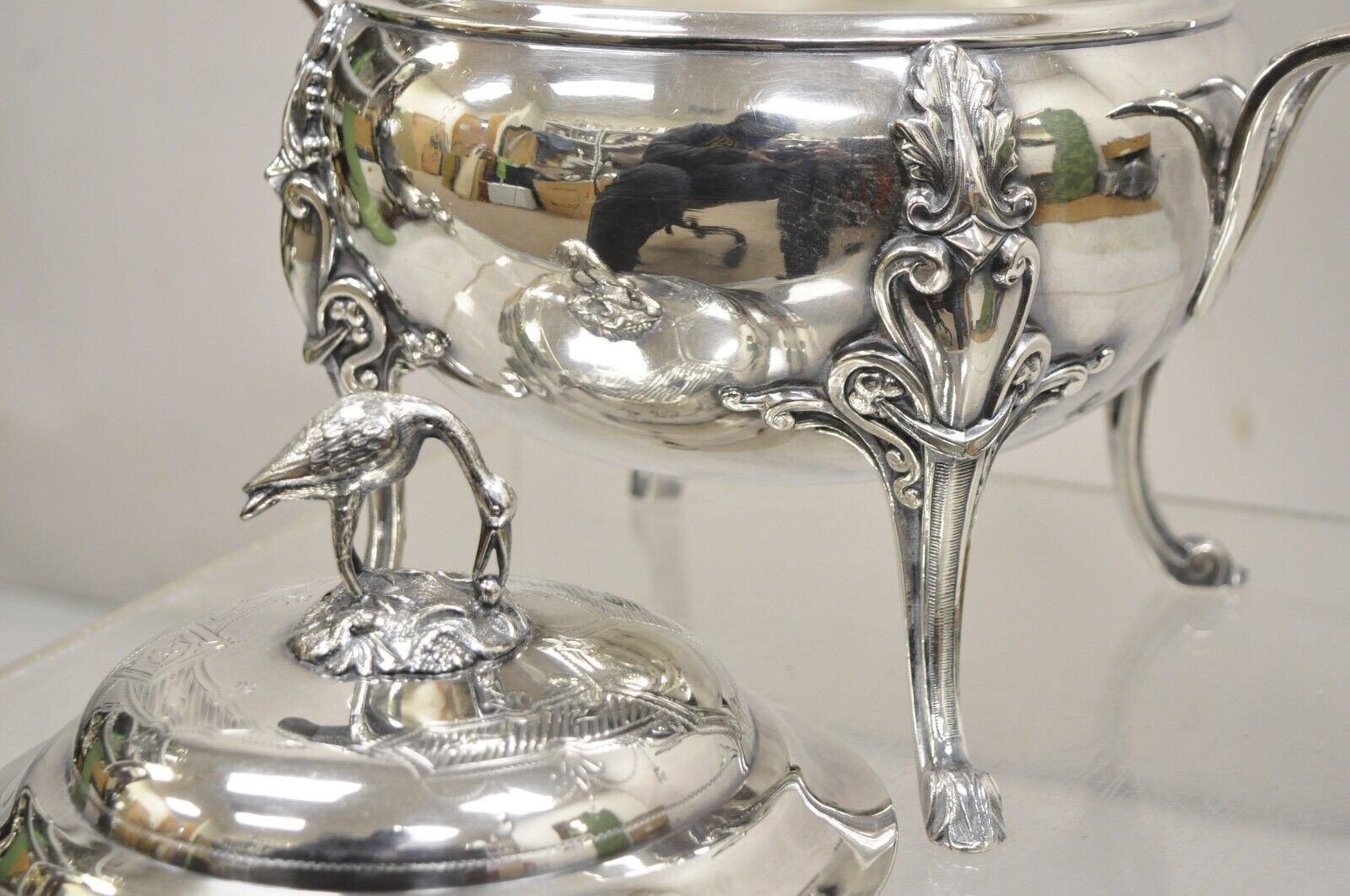 Antique Art Nouveau Silver Plated Soup Tureen With Crane Bird Handle