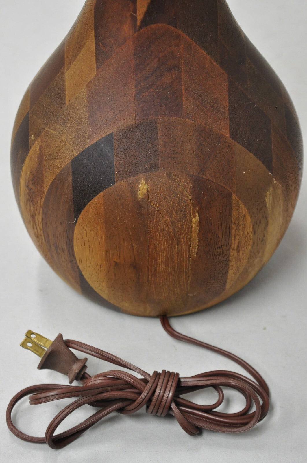 Vintage Mid Century Danish Modern Staved Teak Wood Sculptural Bulbous Table Lamp