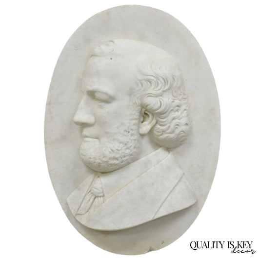 Antique Italian Marble Relief Carved 20" Oval Renaissance Bearded Gentleman Bust