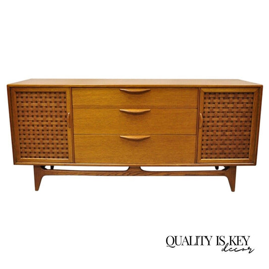 Lane Perception Mid Century Modern Oak Wood Lattice Long Dresser Credenza