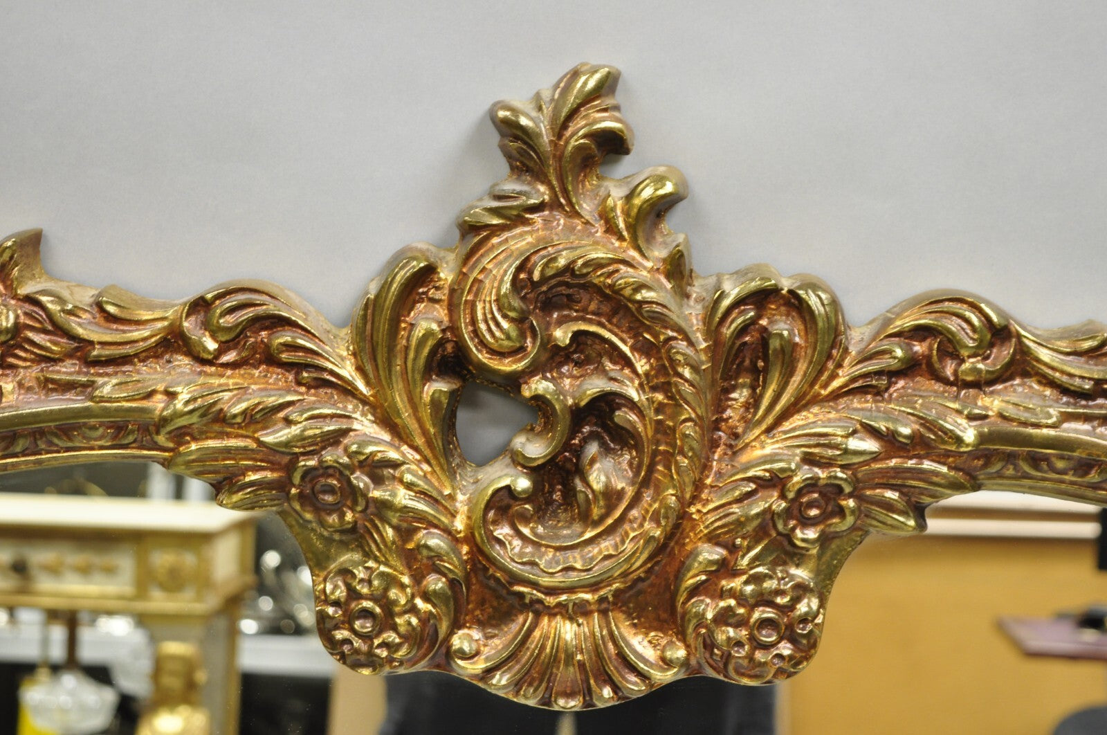 Vintage French Rococo Large Gold Wall Mirror with Bisque Figural Lovers Plaques