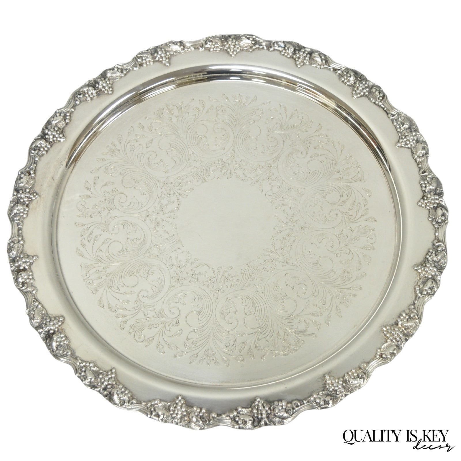Vintage Victorian Silver Plated Grapevine Repousse 20" Round Serving Platter