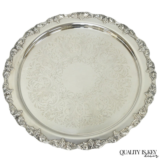 Vintage Victorian Silver Plated Grapevine Repousse 20" Round Serving Platter