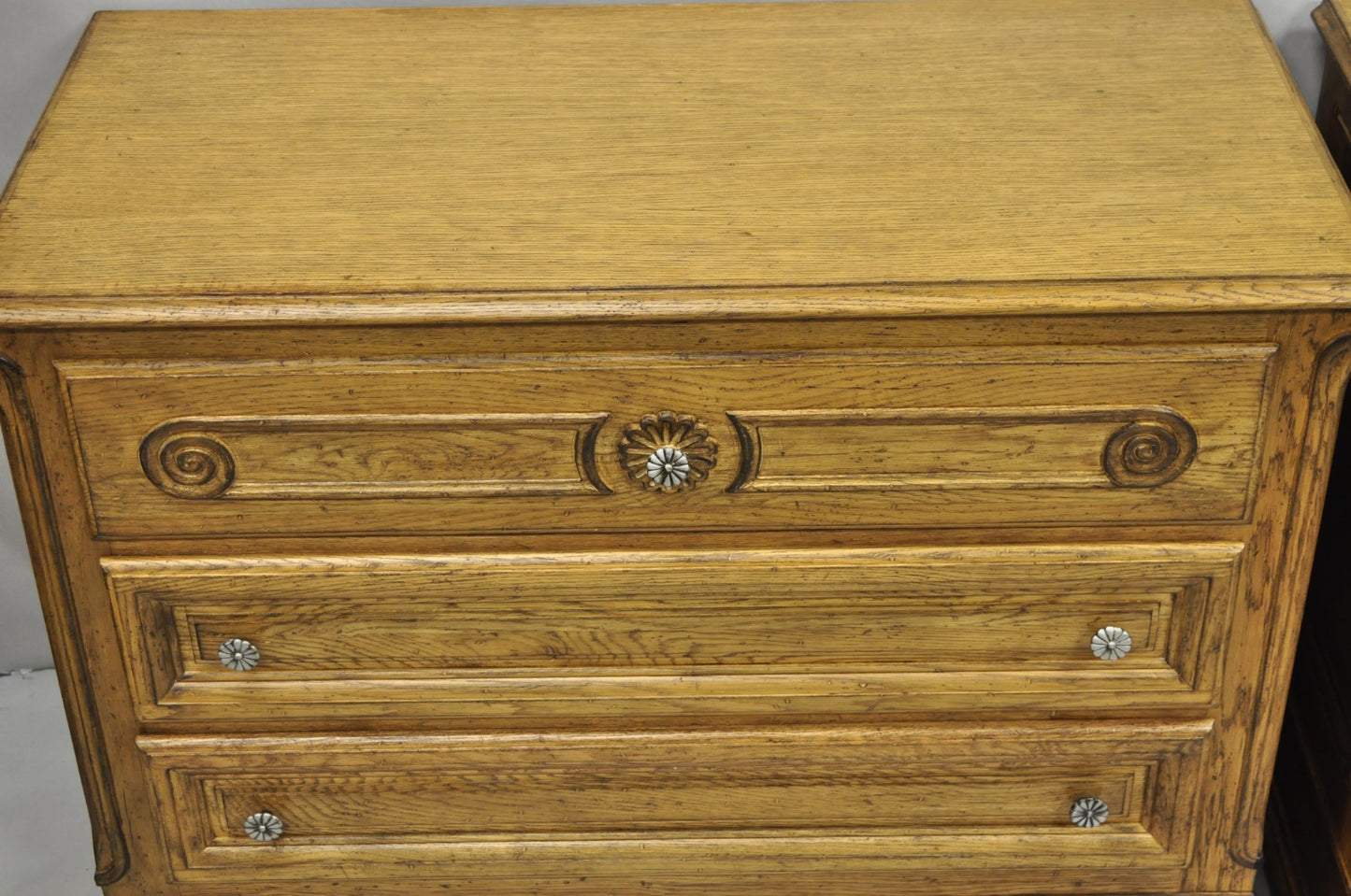 Vintage French Country Provincial Oak Wood 3 Drawer Bachelor Chest Commode Pair