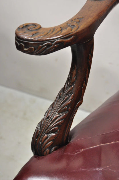 Antique Chippendale Georgian Carved Mahogany Ball and Claw Leather Arm Chair