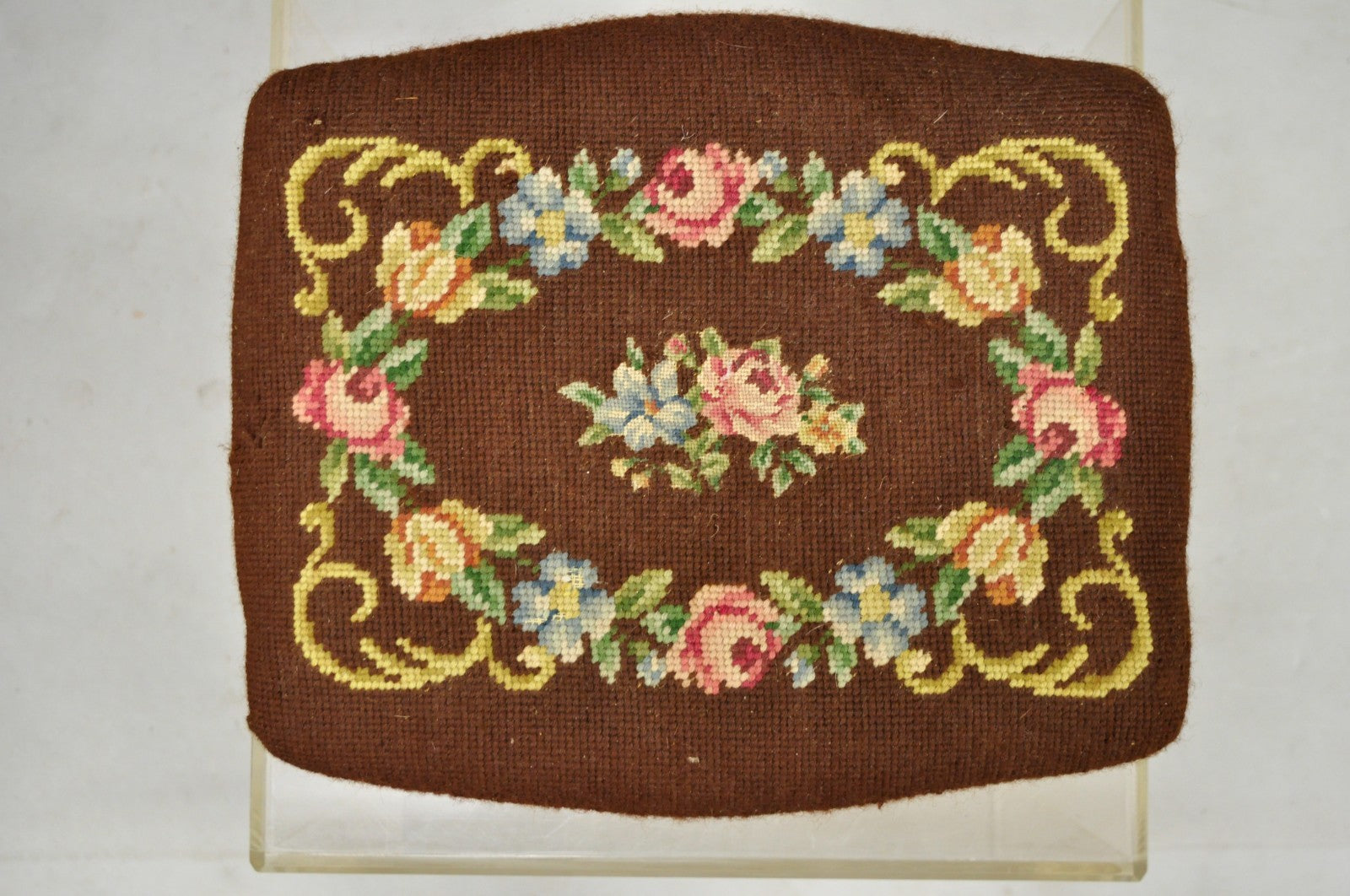 French Country Louis XV Carved Walnut Needlepoint Petite Footstool Ottoman