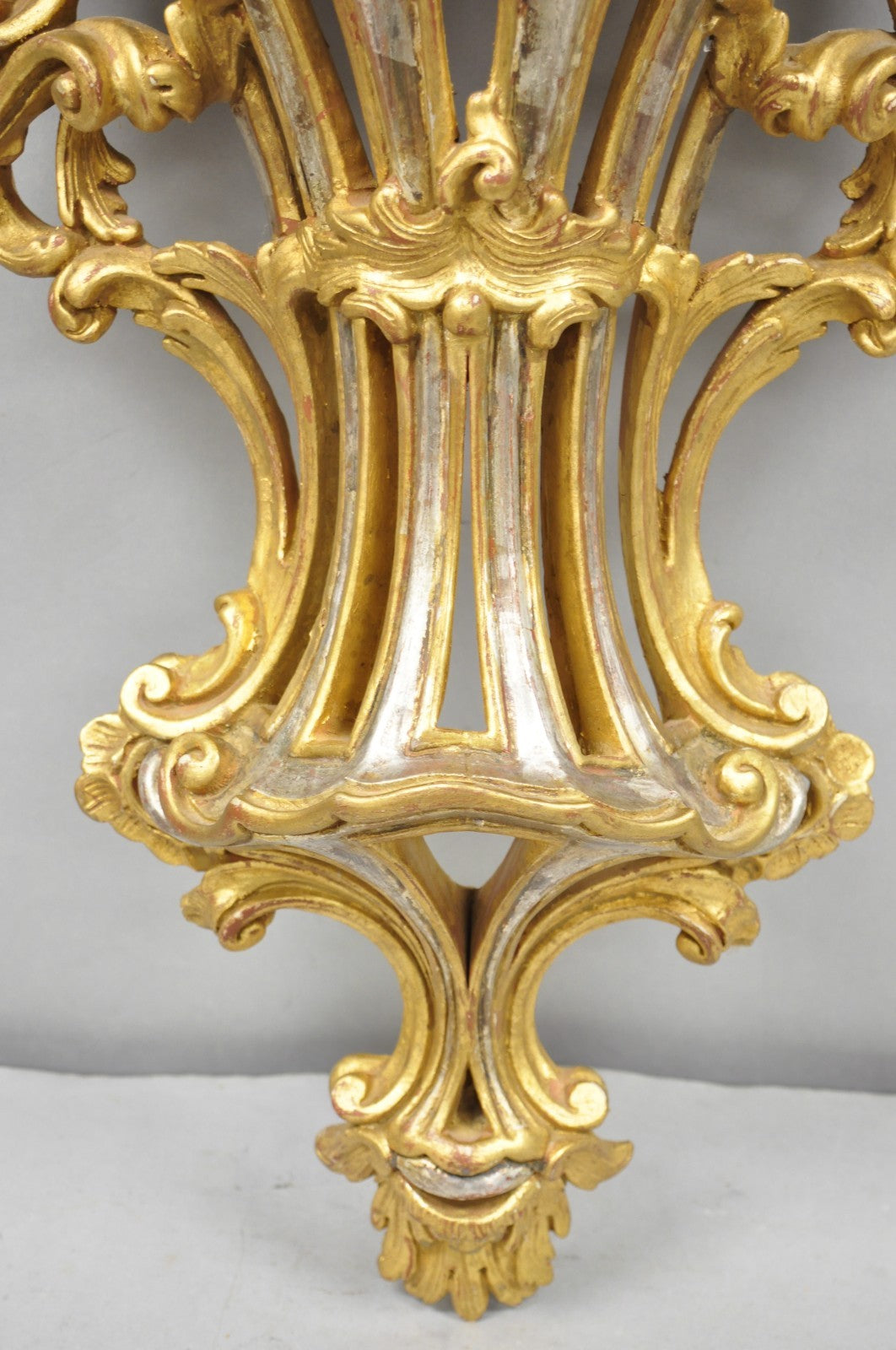 Vintage Italian Rococo Silver & Gold Giltwood Carved Large Wall Shelf Bracket